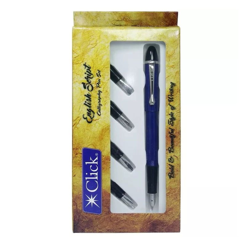 Click Straight Cut Blue Calligraphy Lettering Fountain Pen Set With 4 Nibs
