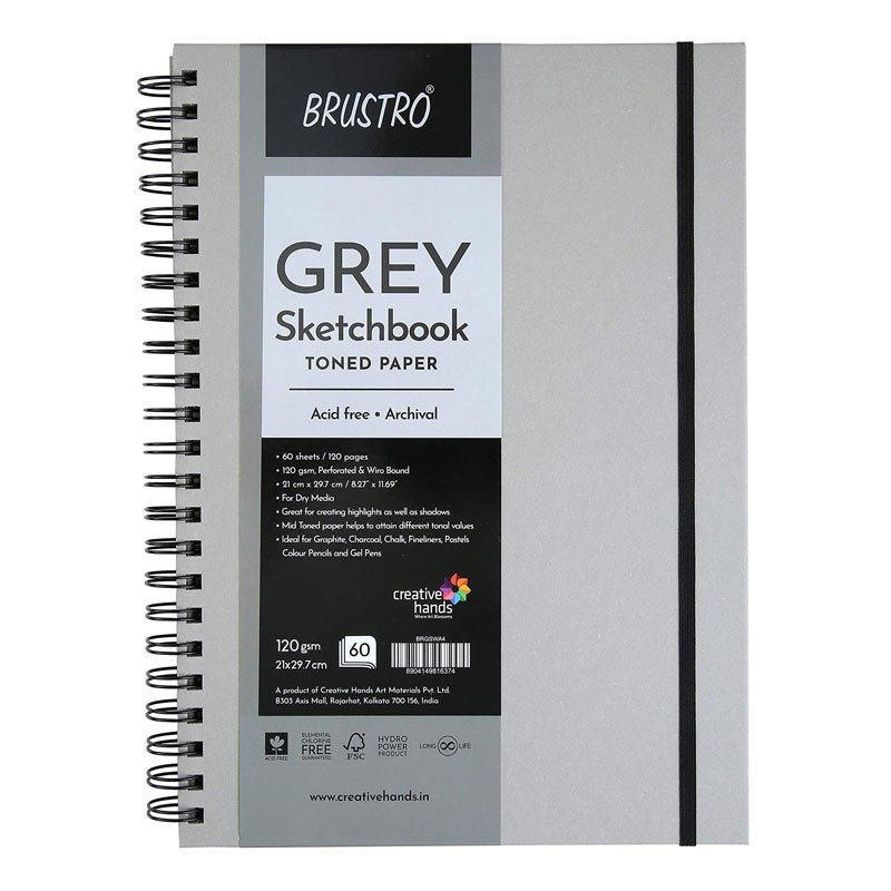 Brustro Toned Paper Sketchbook (Grey | A4/A5 | 120 Pages | 120 GSM | Wiro Bound)