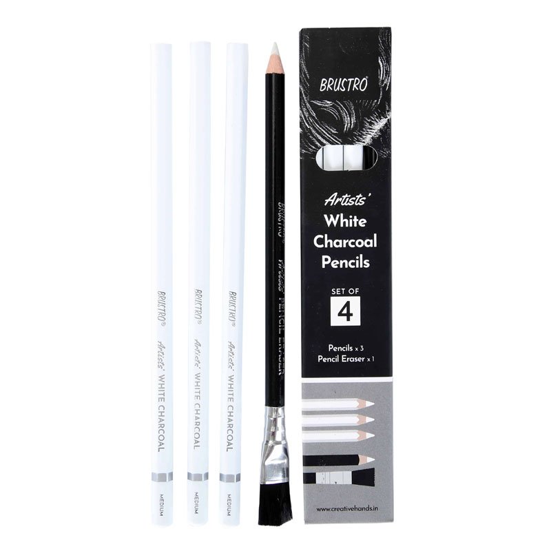 Brustro Artists’ White Charcoal Pencil Set of 3 + 1 Pencil Eraser